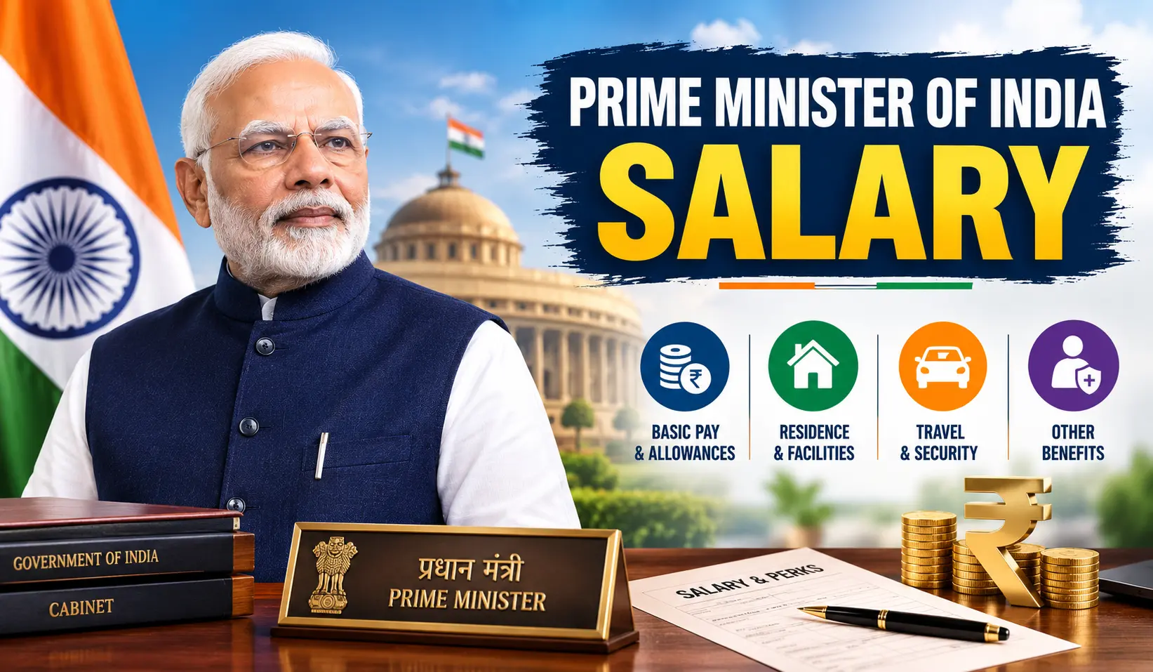 Prime Minister of India salary breakdown with official residence, allowances, and government benefits in 2026