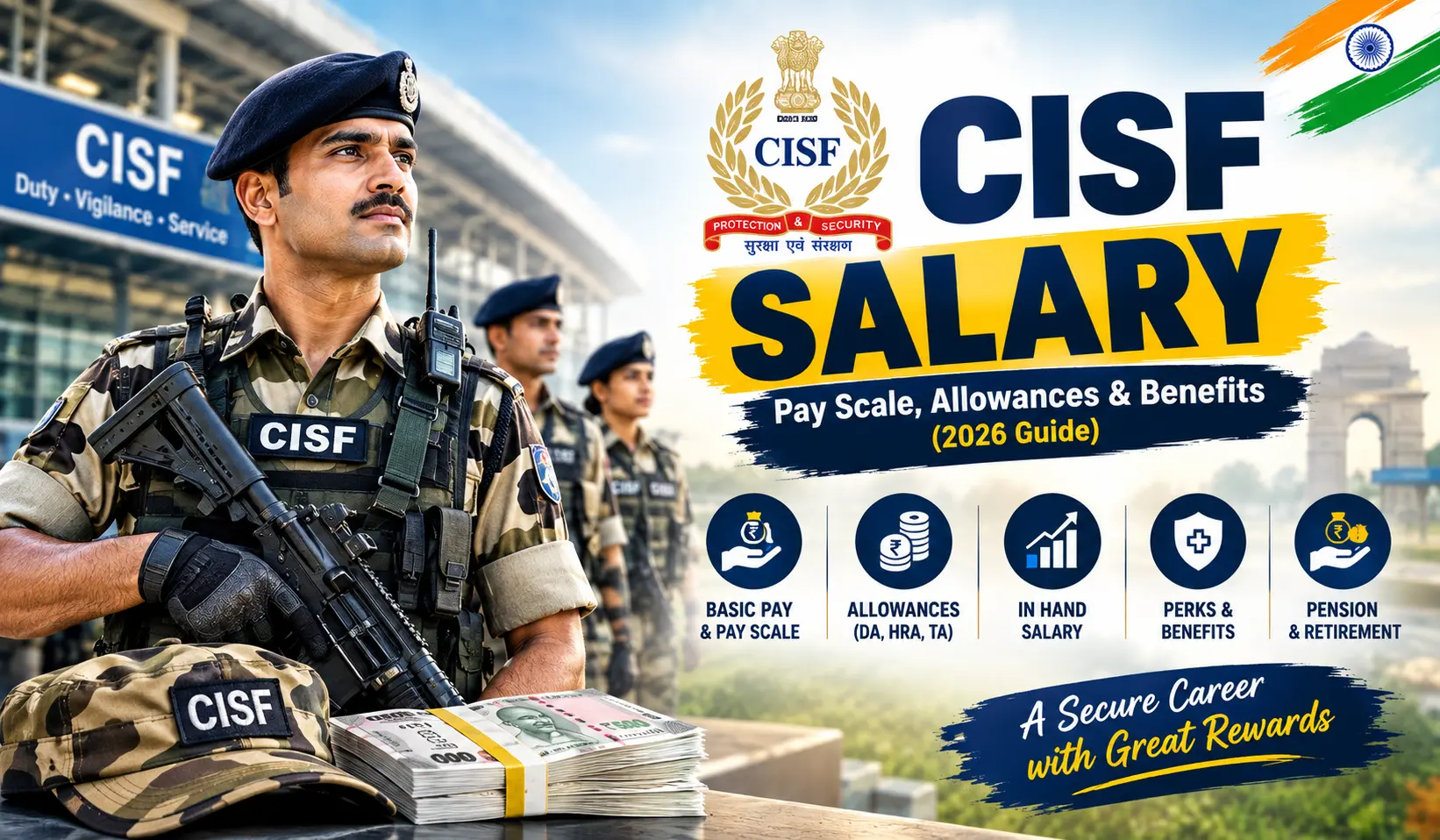 CISF personnel at an airport with rank-wise salary and allowance overview for 2026