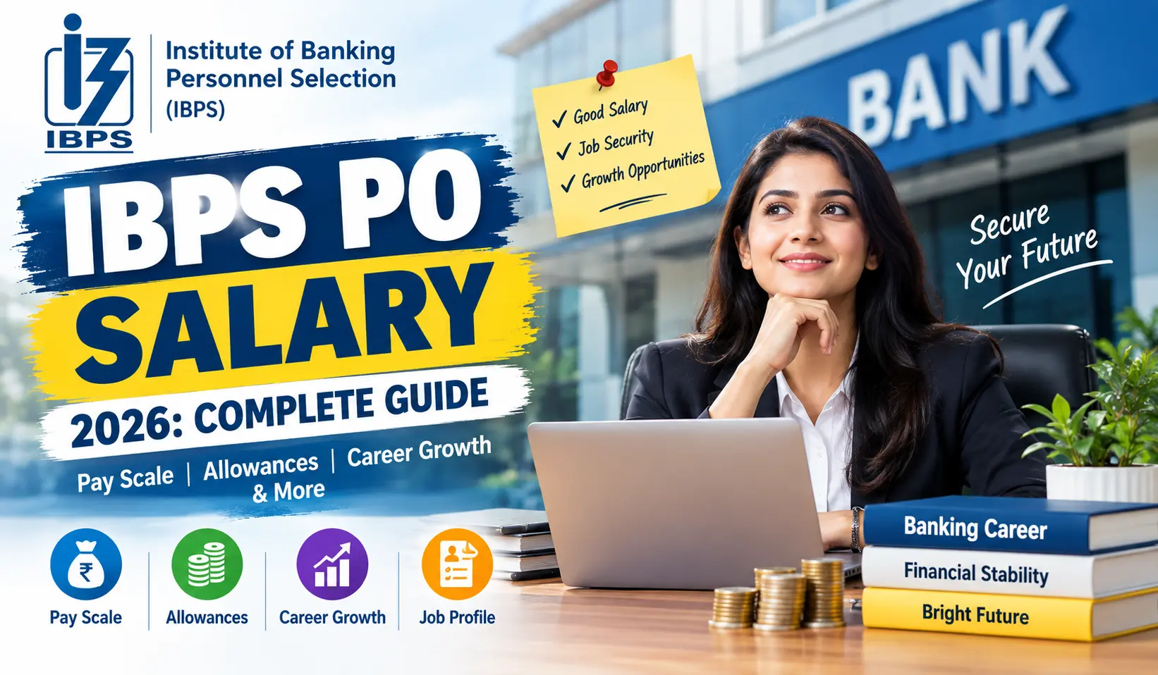 IBPS PO salary 2026 showing a public sector bank officer, salary pay scale, allowances and career growth