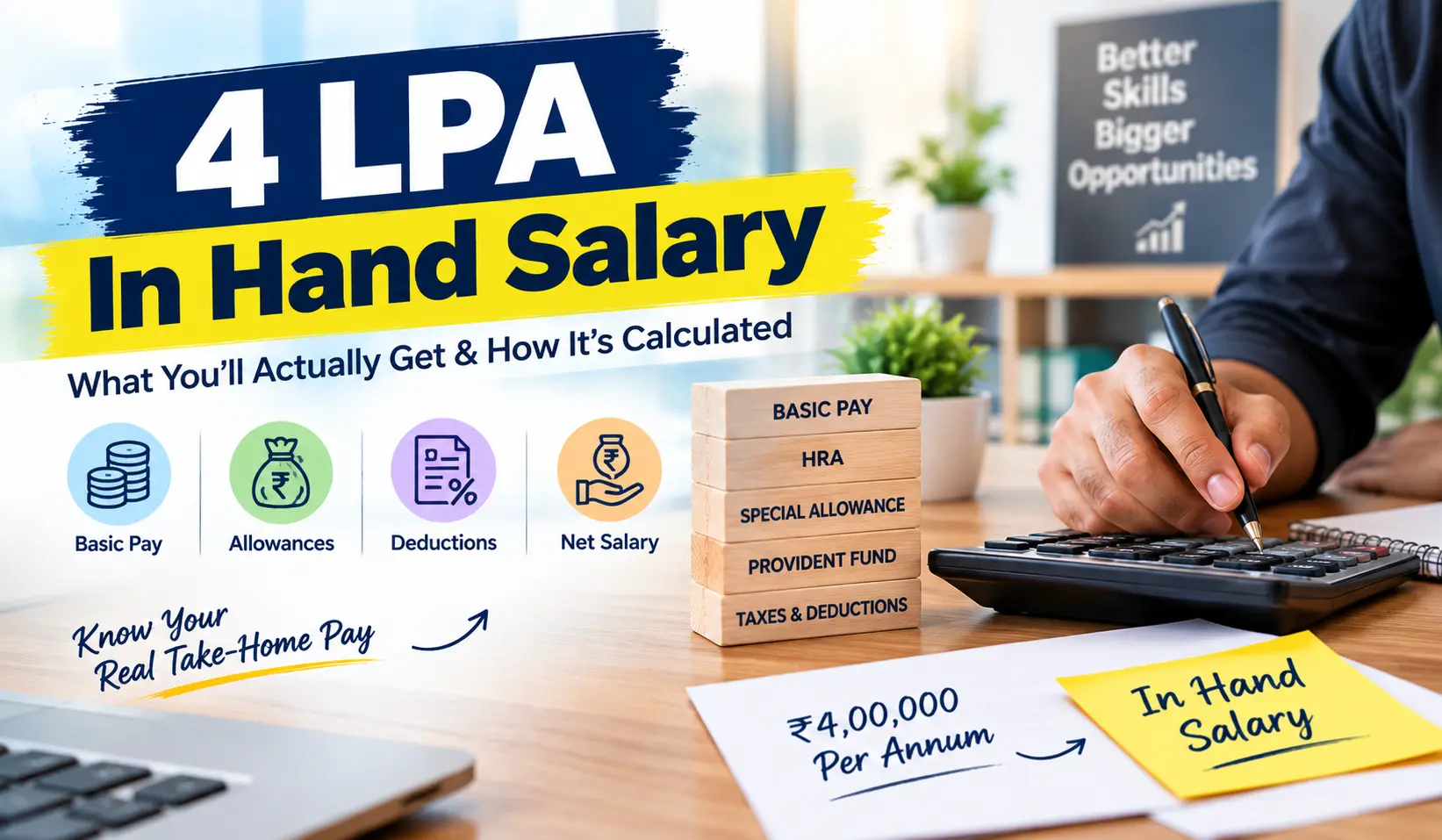 4 LPA in-hand salary in India 2026 showing monthly take-home, PF and CTC breakdown