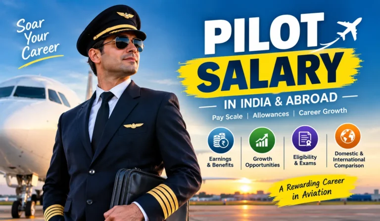 Pilot salary 2026 in India showing an airline pilot, aircraft, government aviation pay and career progression