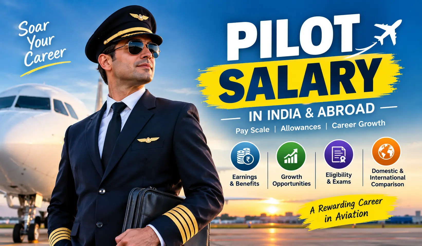 Pilot salary 2026 in India showing an airline pilot, aircraft, government aviation pay and career progression