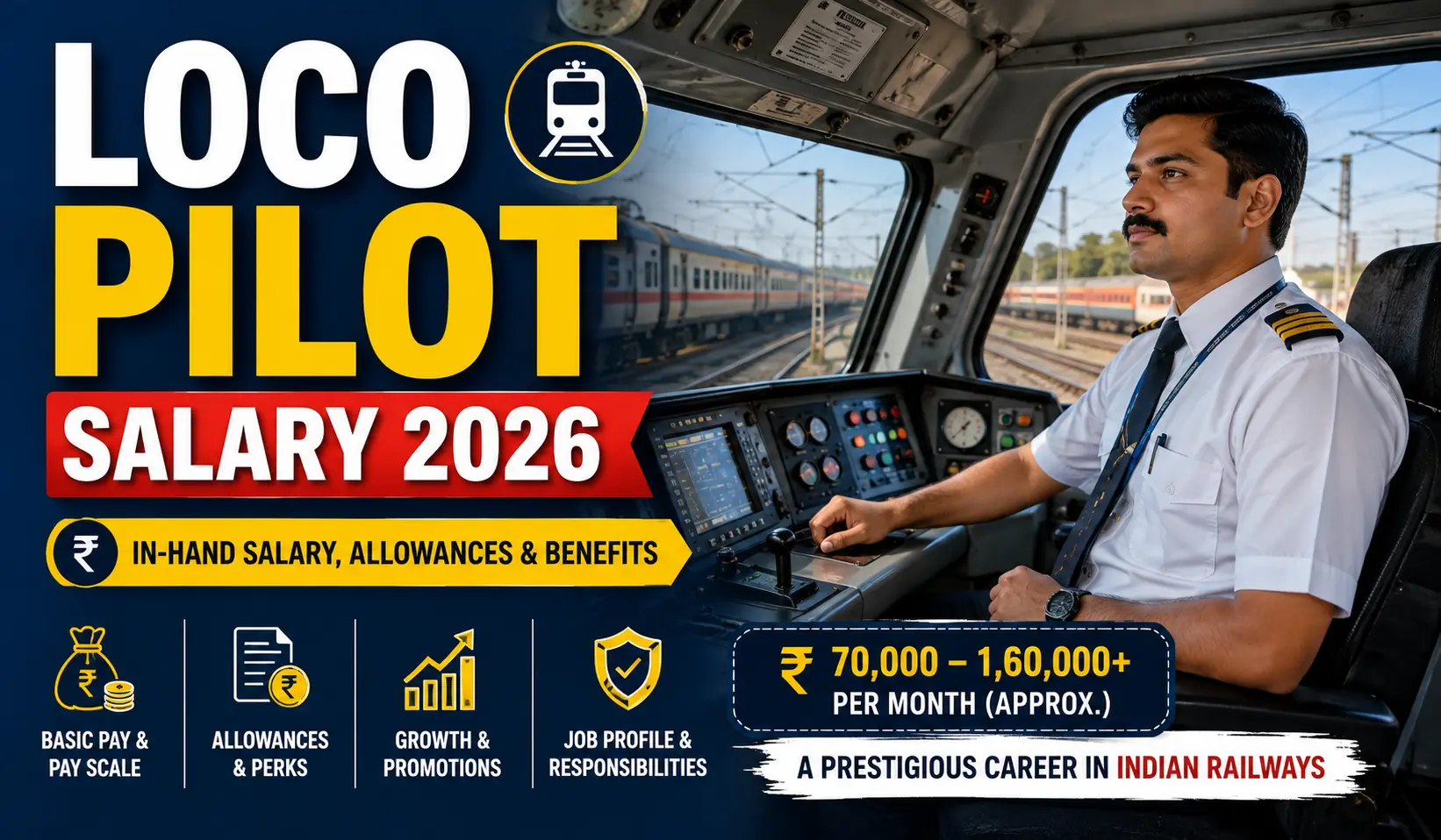 Loco pilot salary 2026 in India showing an Indian Railways locomotive driver and salary pay-scale information
