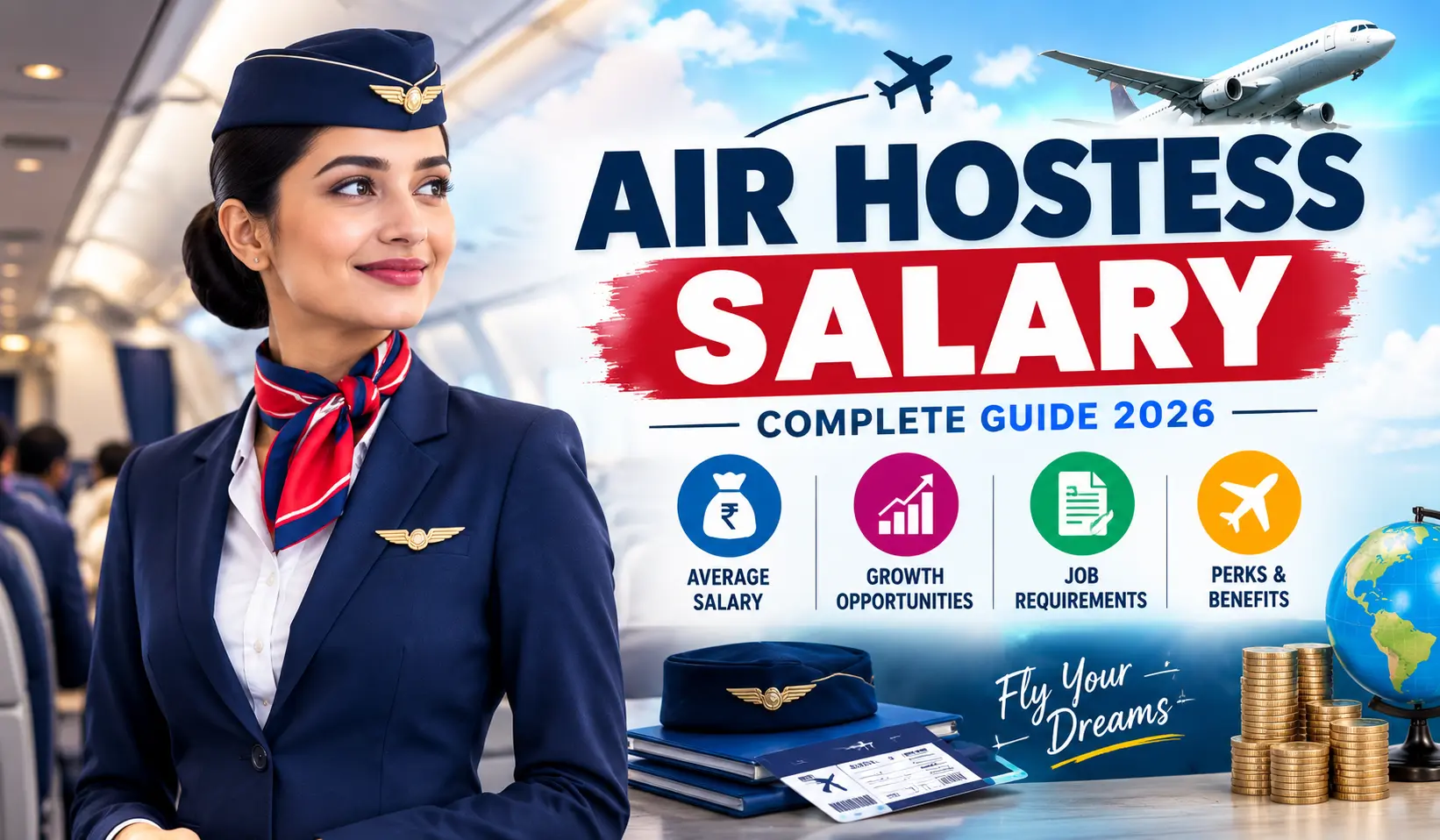 Air hostess salary in India 2026 showing cabin crew working aboard a commercial airline