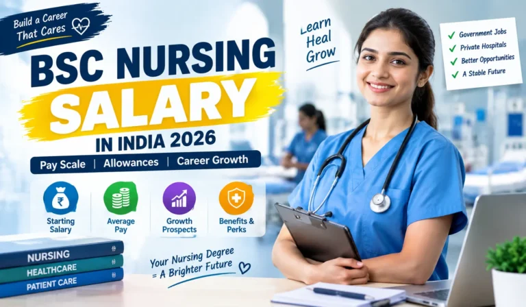 BSc Nursing salary 2026 in India showing a professional nurse, hospital setting, government pay scale and career growth